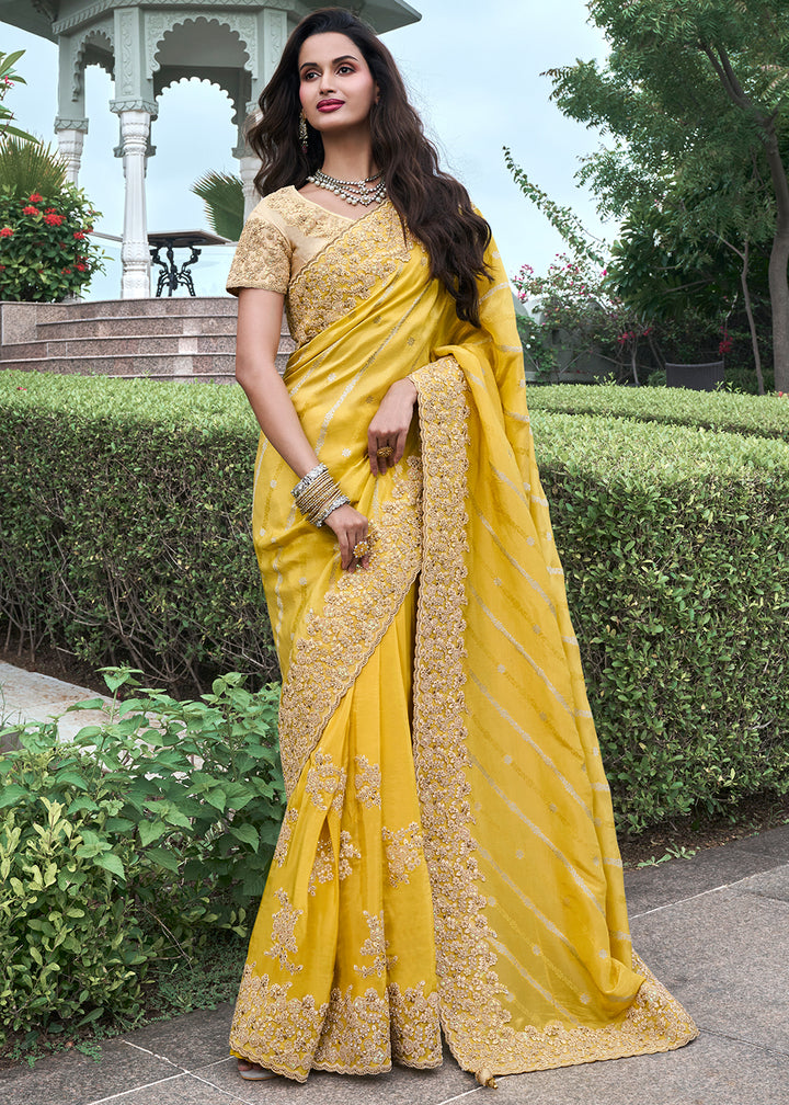 Cadium Yellow Zari Woven Tissue Silk Saree