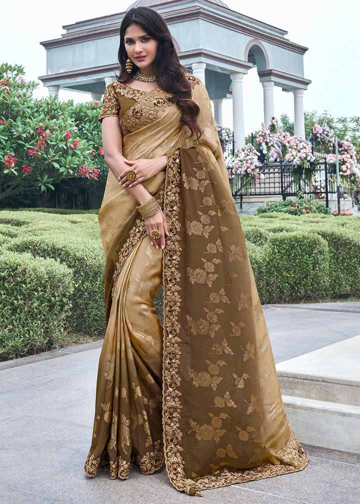 Two Tone Brown Zari Woven Tissue Silk Saree