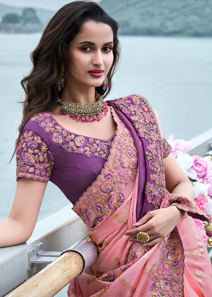 Two Tone Pink & Purple Zari Woven Tissue Silk Saree