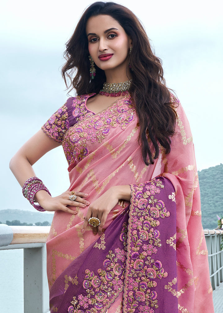 Two Tone Pink & Purple Zari Woven Tissue Silk Saree