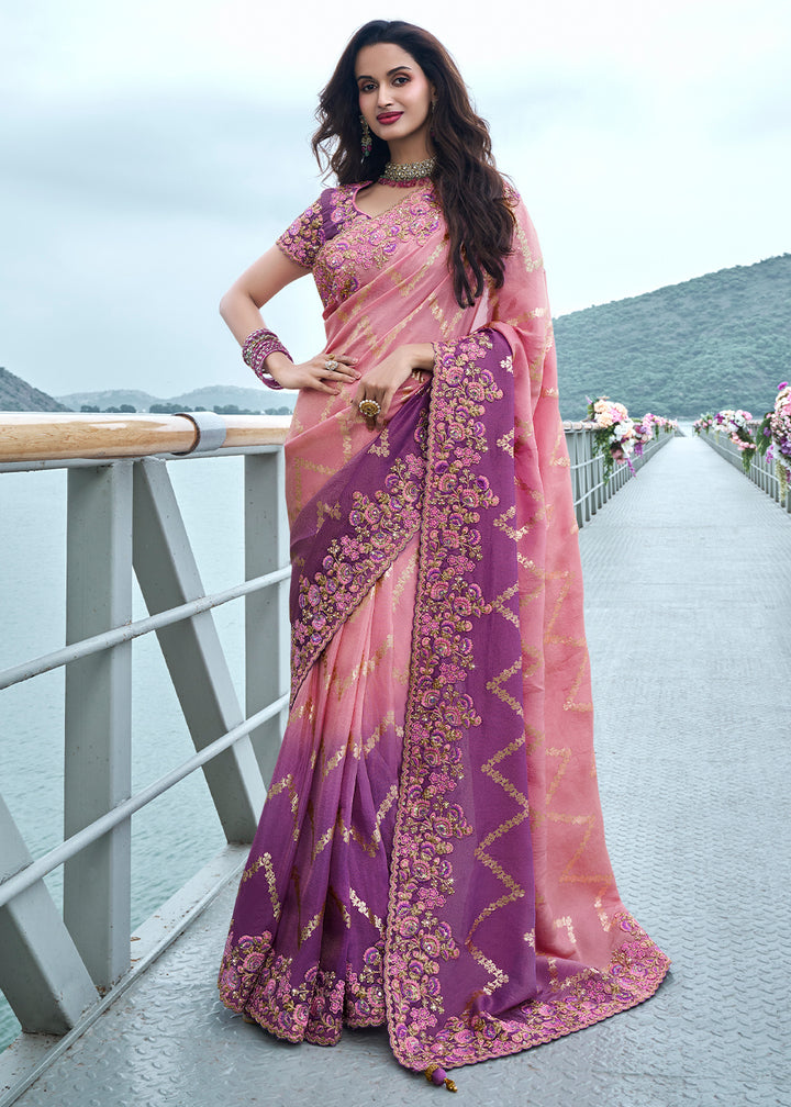 Two Tone Pink & Purple Zari Woven Tissue Silk Saree