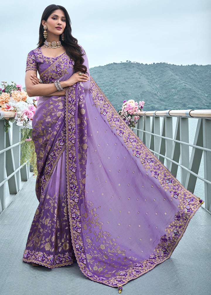 Two Tone Purple Zari Woven Tissue Silk Saree