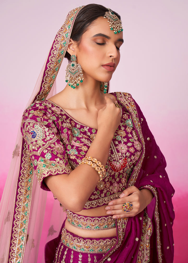 Magenta Purple Silk Lehenga Choli Adorned with Moti & Sequins Embroidery Work: Bridal Collection