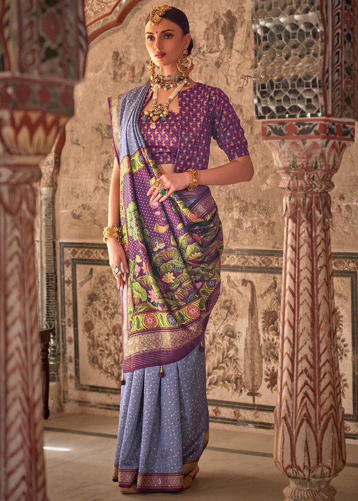 Floral Purple Viscose Silk Saree with Rajwadi Print