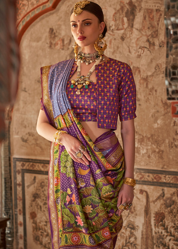 Floral Purple Viscose Silk Saree with Rajwadi Print
