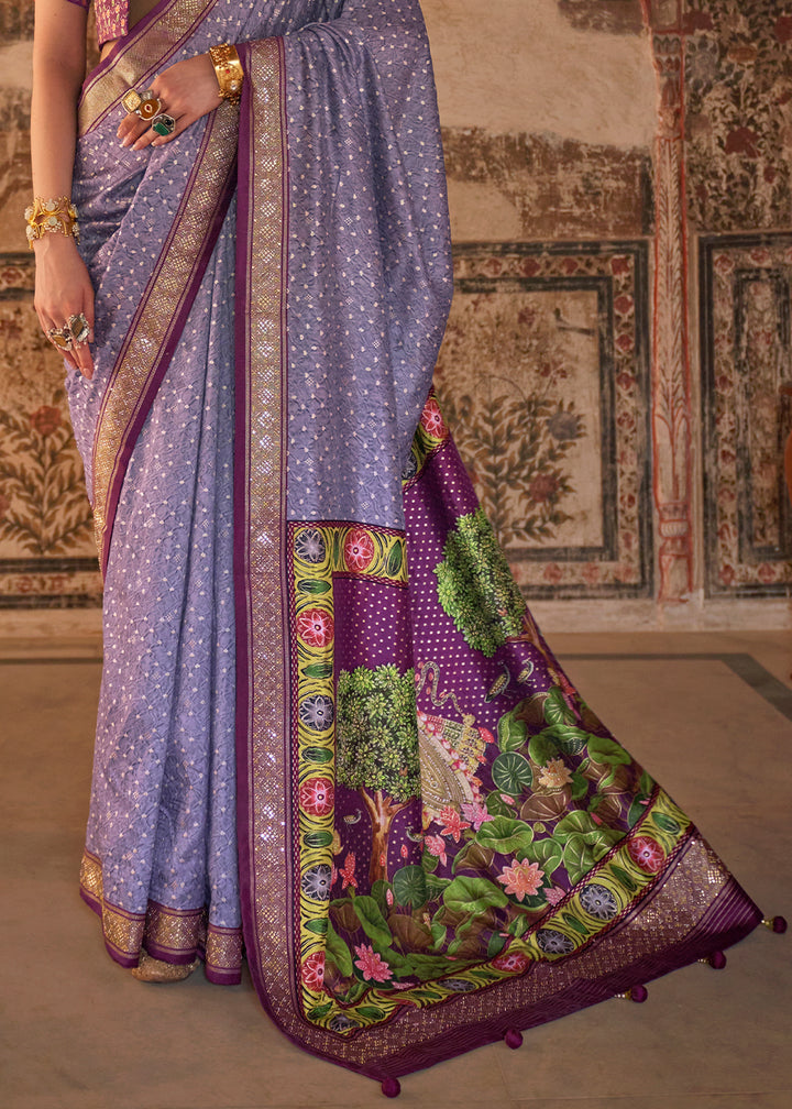 Floral Purple Viscose Silk Saree with Rajwadi Print