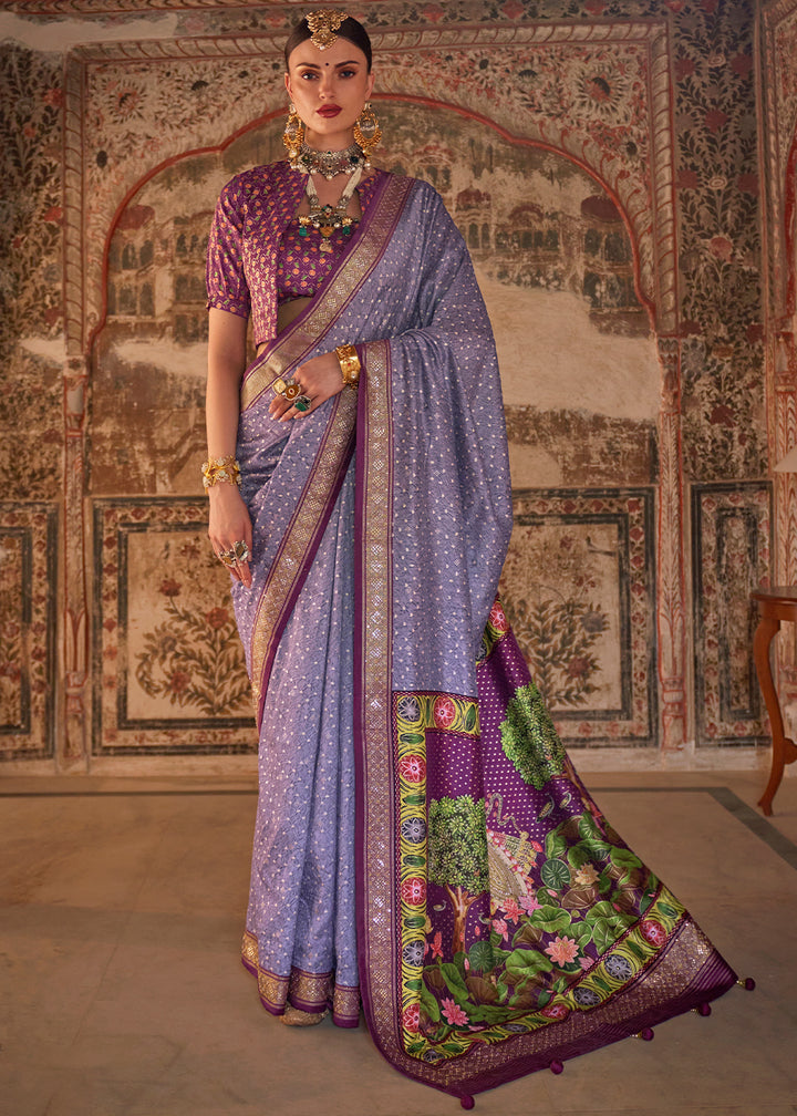 Floral Purple Viscose Silk Saree with Rajwadi Print