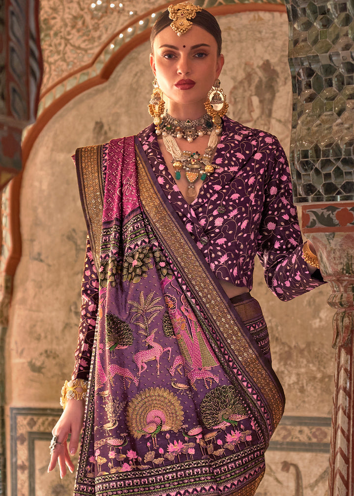 Pink & Purple Viscose Silk Saree with Rajwadi Print