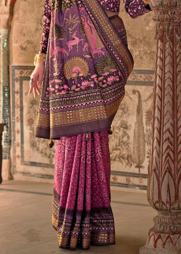 Pink & Purple Viscose Silk Saree with Rajwadi Print