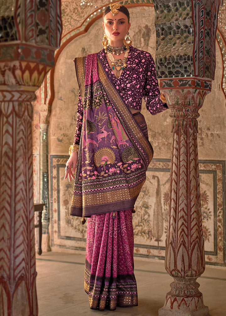Pink & Purple Viscose Silk Saree with Rajwadi Print