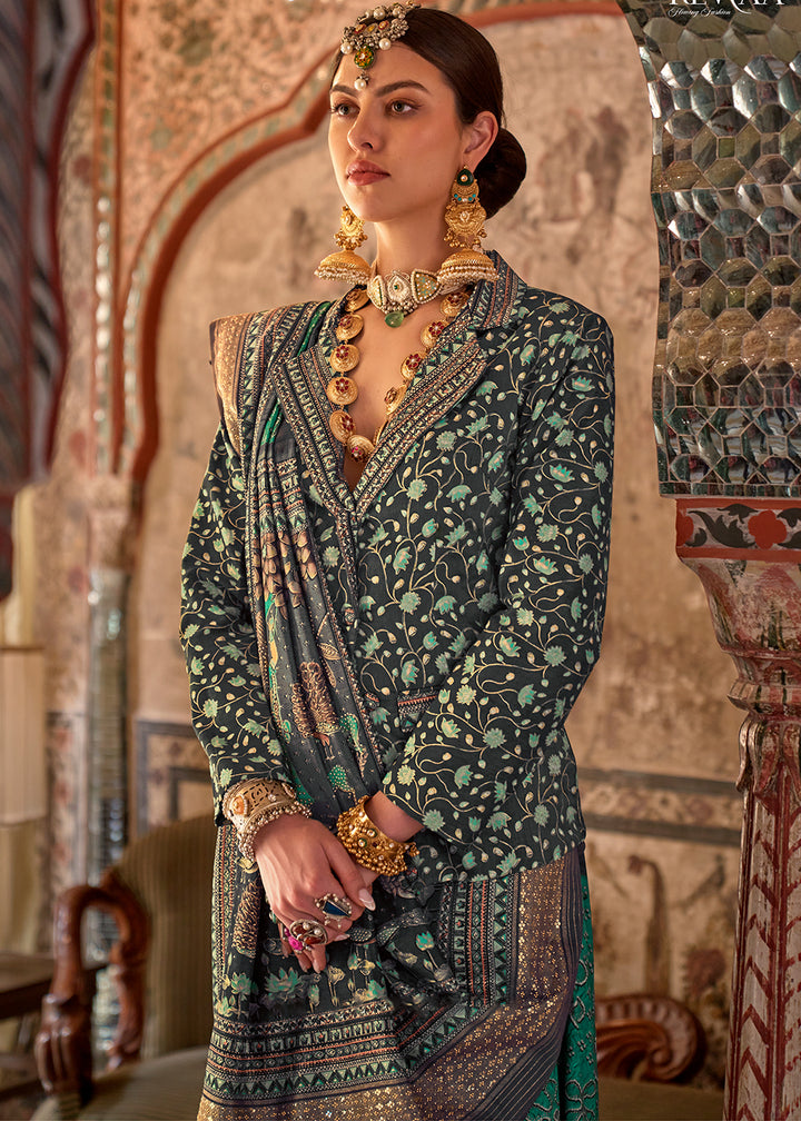 Tiffany Blue Viscose Silk Saree with Rajwadi Print
