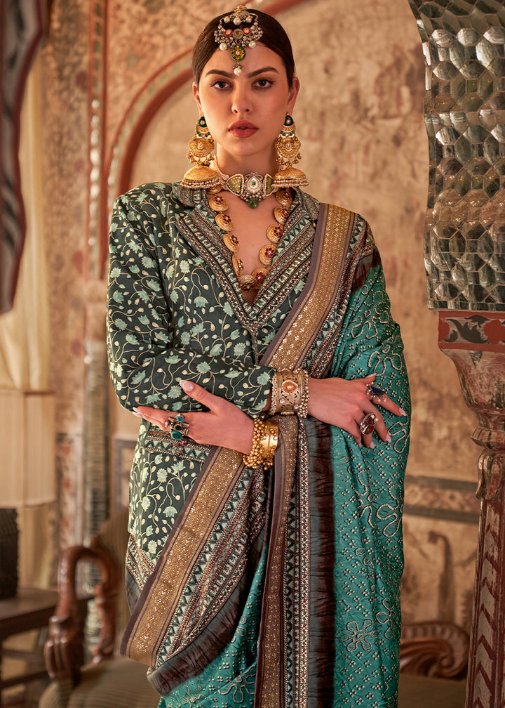 Tiffany Blue Viscose Silk Saree with Rajwadi Print