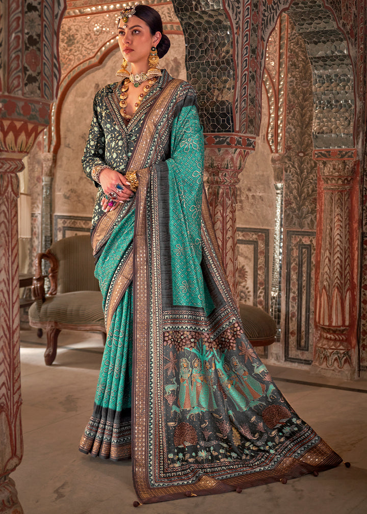 Tiffany Blue Viscose Silk Saree with Rajwadi Print