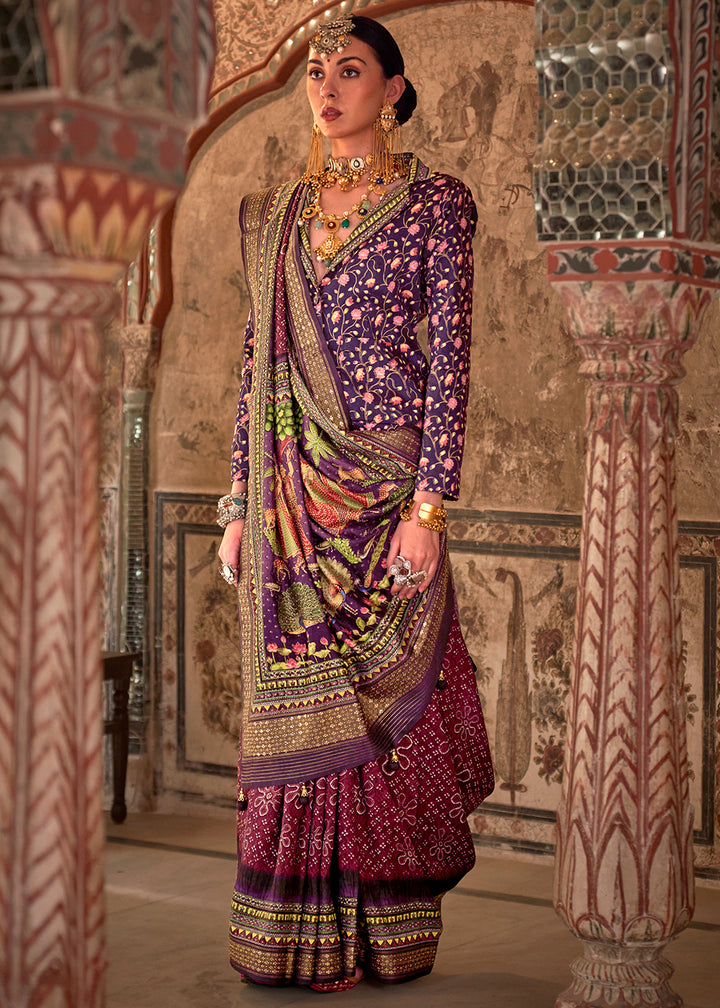 Brown & Purple Viscose Silk Saree with Rajwadi Print