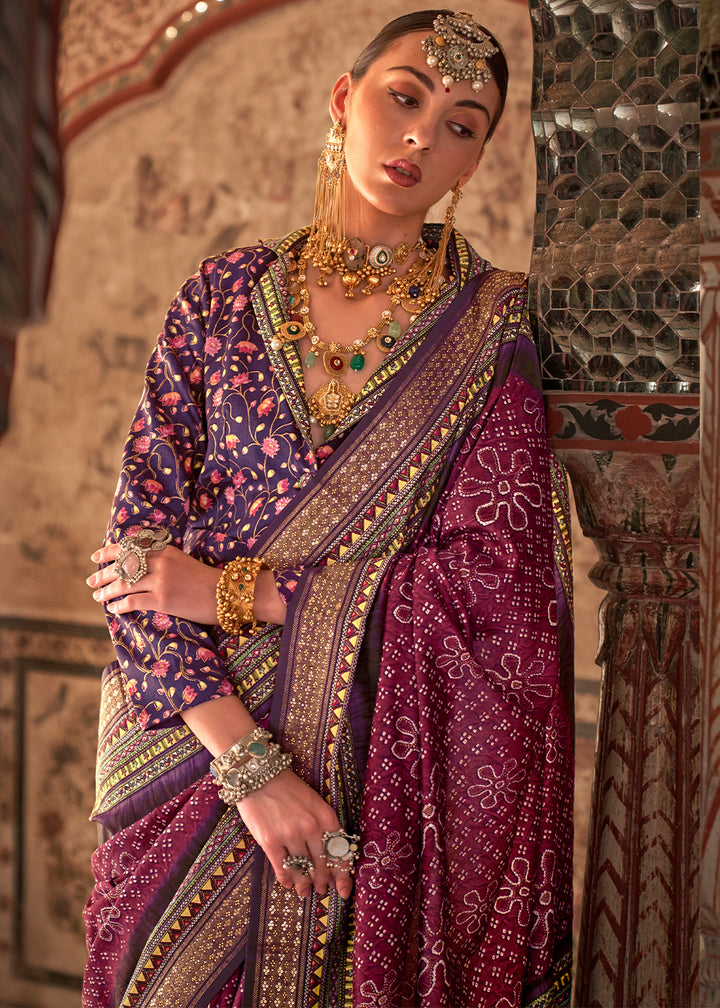 Brown & Purple Viscose Silk Saree with Rajwadi Print