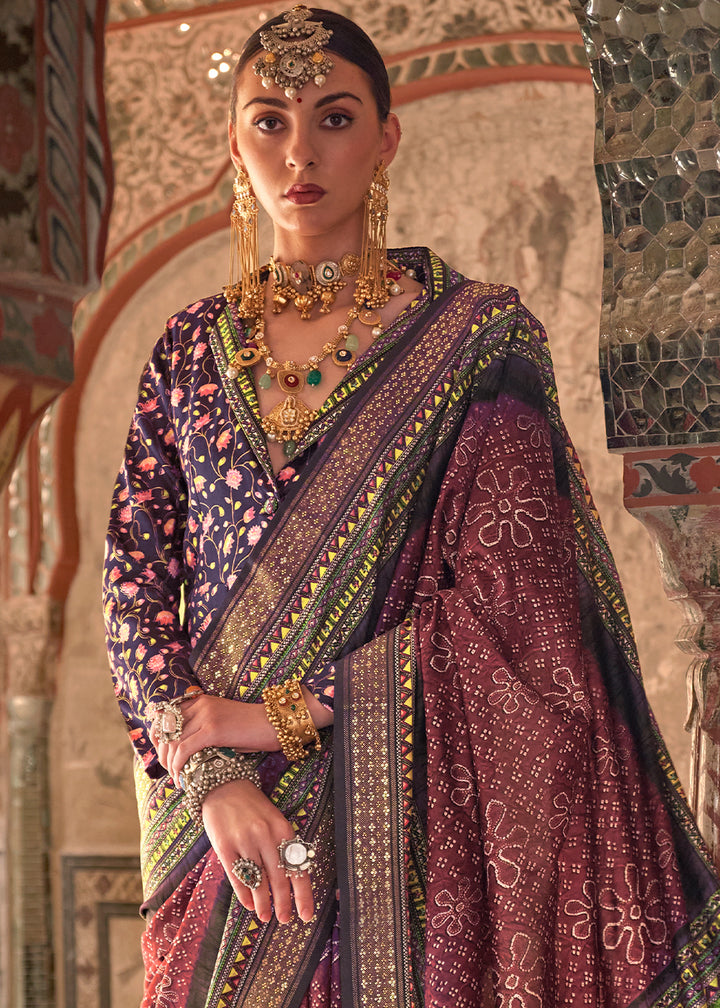 Brown & Purple Viscose Silk Saree with Rajwadi Print