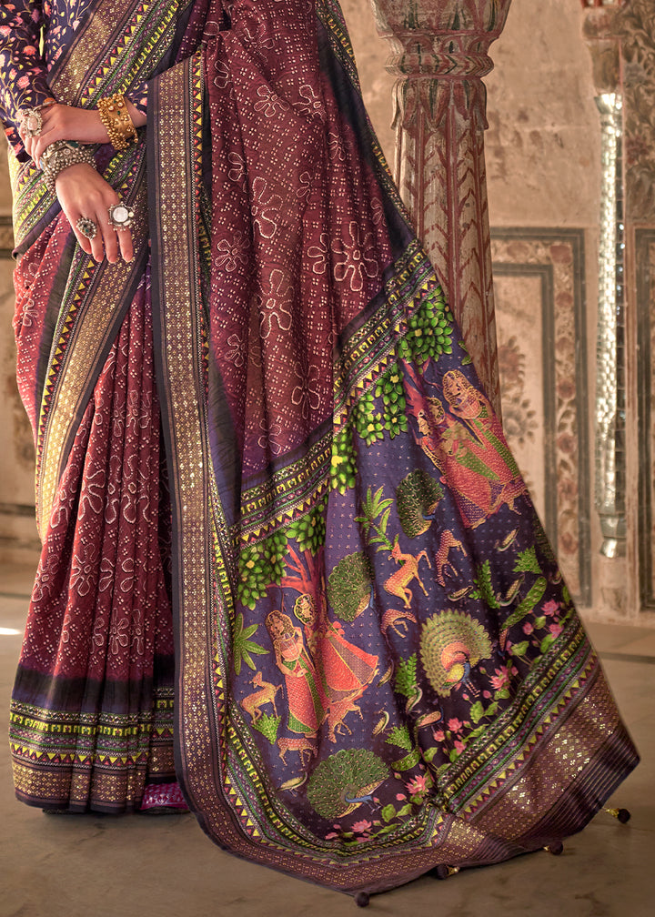 Brown & Purple Viscose Silk Saree with Rajwadi Print