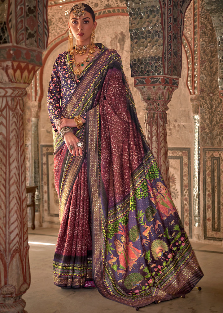 Brown & Purple Viscose Silk Saree with Rajwadi Print