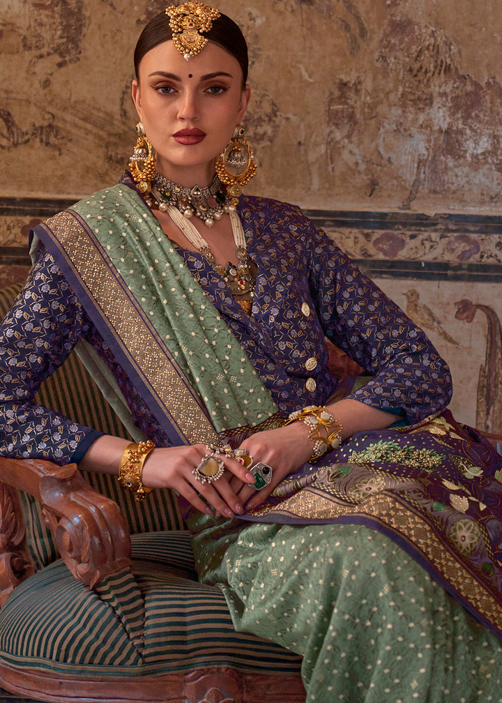 Basil Green Viscose Silk Saree with Rajwadi Print