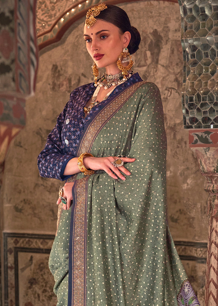 Basil Green Viscose Silk Saree with Rajwadi Print