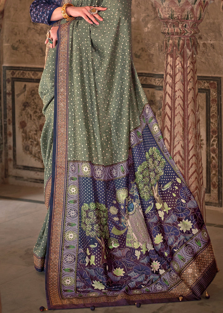 Basil Green Viscose Silk Saree with Rajwadi Print