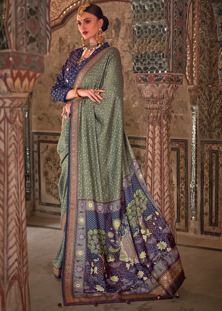 Basil Green Viscose Silk Saree with Rajwadi Print