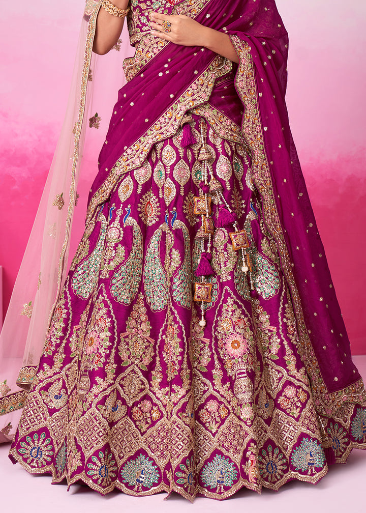 Magenta Purple Silk Lehenga Choli Adorned with Moti & Sequins Embroidery Work: Bridal Collection