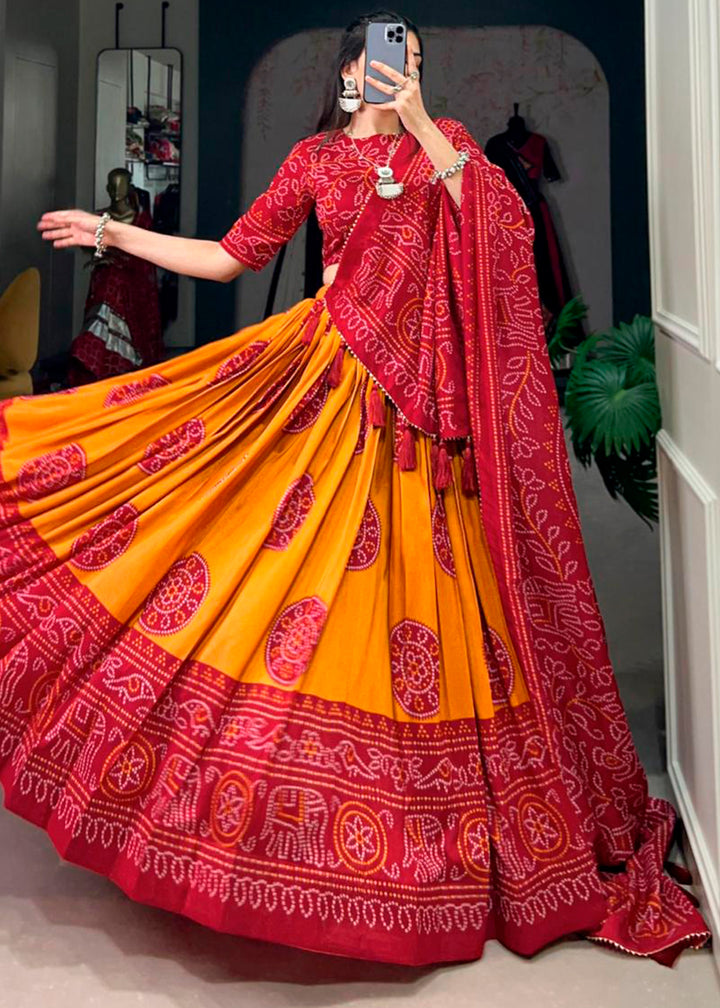 Mustard Yellow & Red Patola Printed Tussar Silk Lehenga Choli