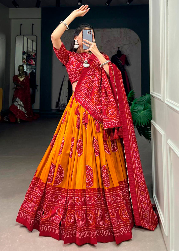 Mustard Yellow & Red Patola Printed Tussar Silk Lehenga Choli