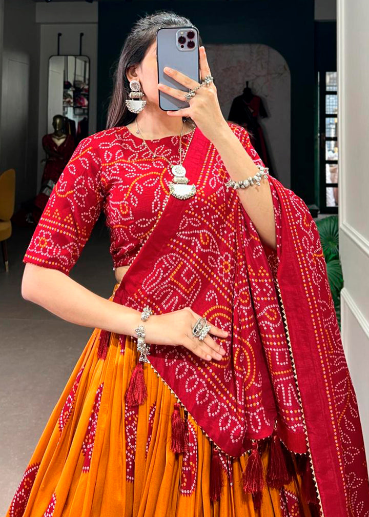 Mustard Yellow & Red Patola Printed Tussar Silk Lehenga Choli