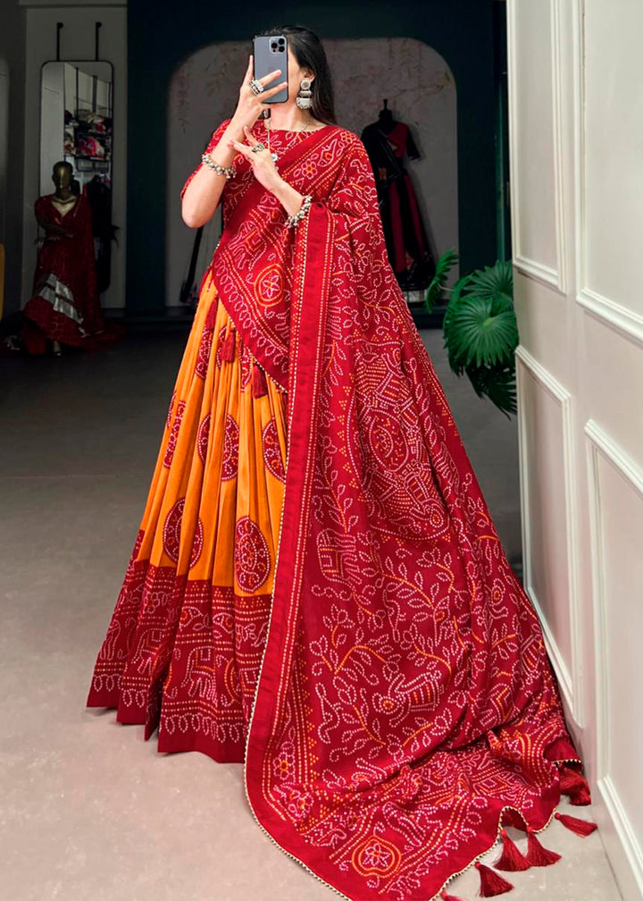 Mustard Yellow & Red Patola Printed Tussar Silk Lehenga Choli