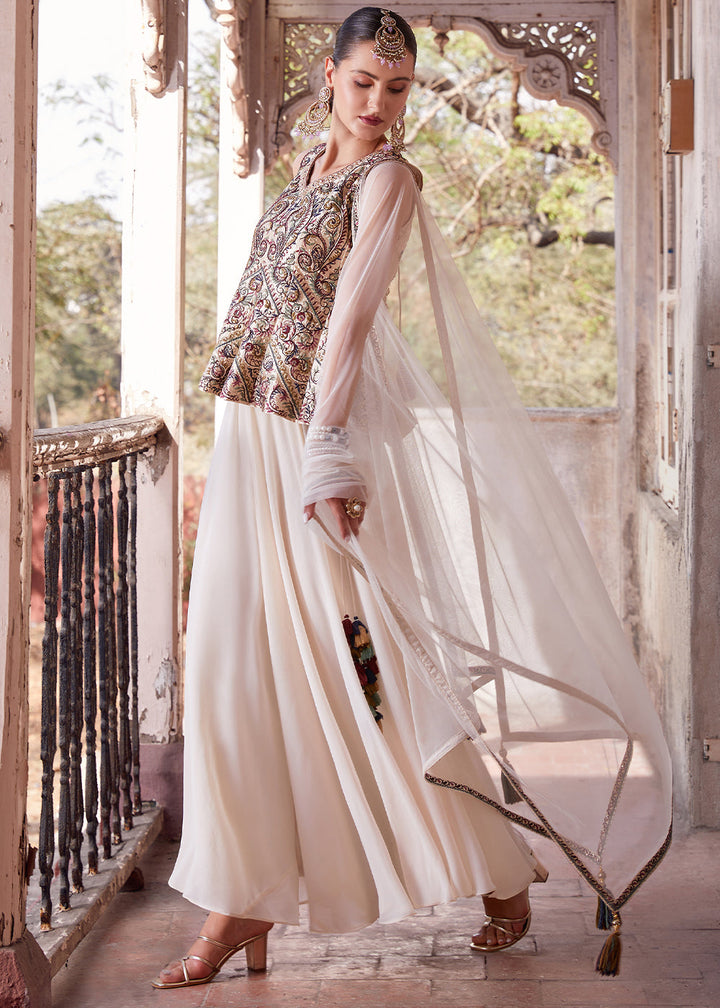 Cream White Designer Georgette Sharara Top with Zari, Thread, and Sequins Embroidery
