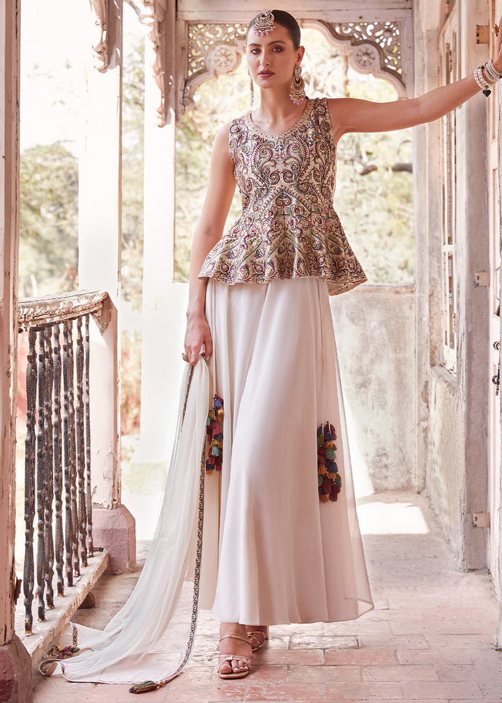 Cream White Designer Georgette Sharara Top with Zari, Thread, and Sequins Embroidery