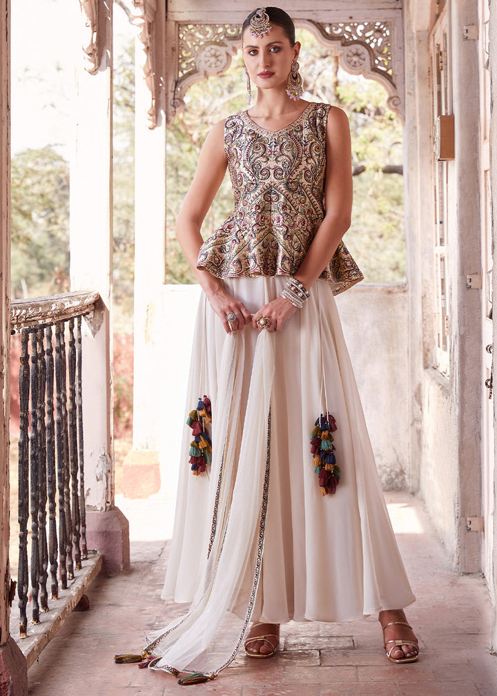 Cream White Designer Georgette Sharara Top with Zari, Thread, and Sequins Embroidery