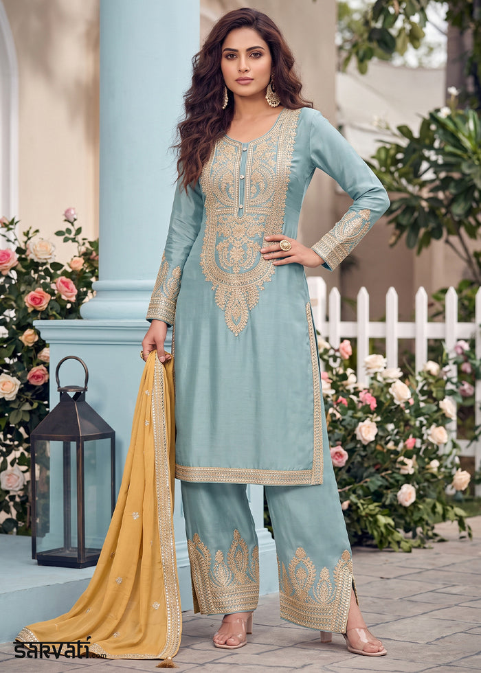 Shades of Blue Chinon Silk Palazzo Suit with Rich Thread Detailing