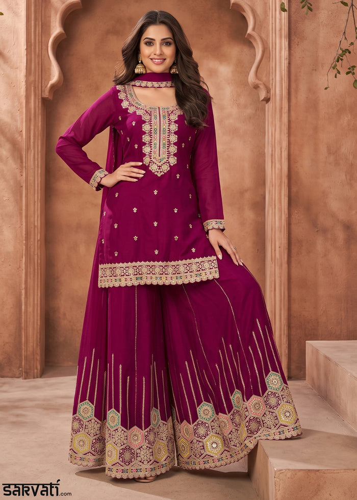 Lollipop Purple Chinon Silk Sharara Suit with Ornamental Embroidery
