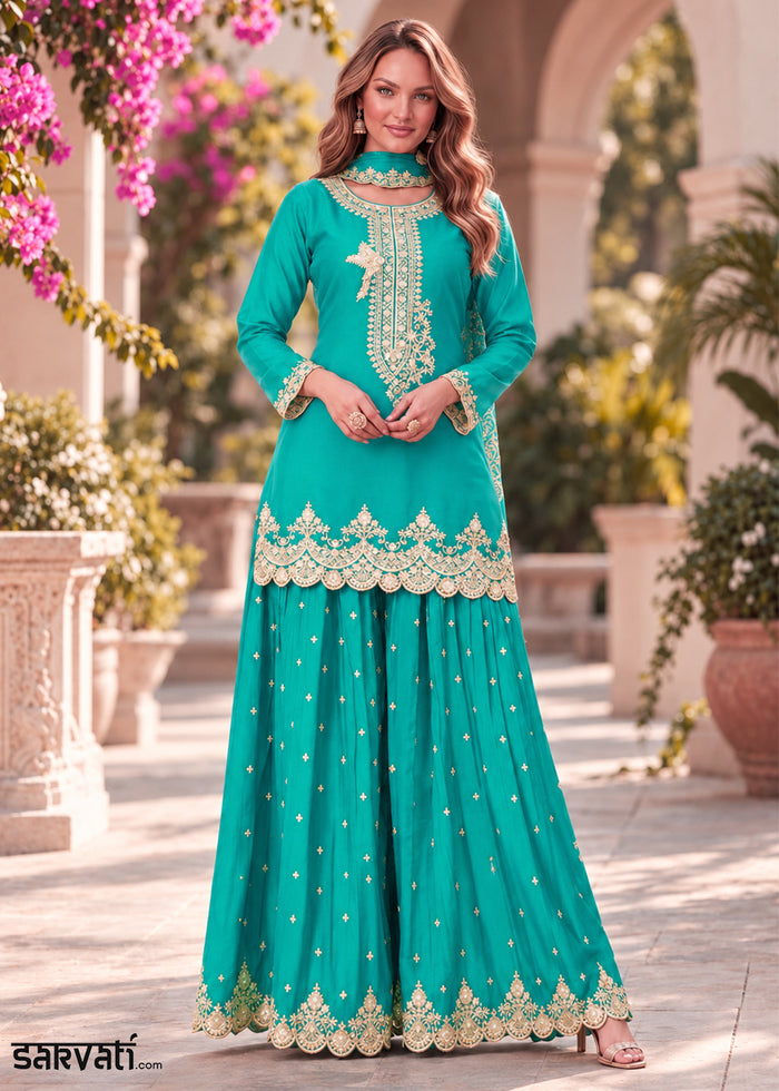 Turquoise Blue Chinon Silk Palazzo Suit Set with Zari & Sequin Embroidery