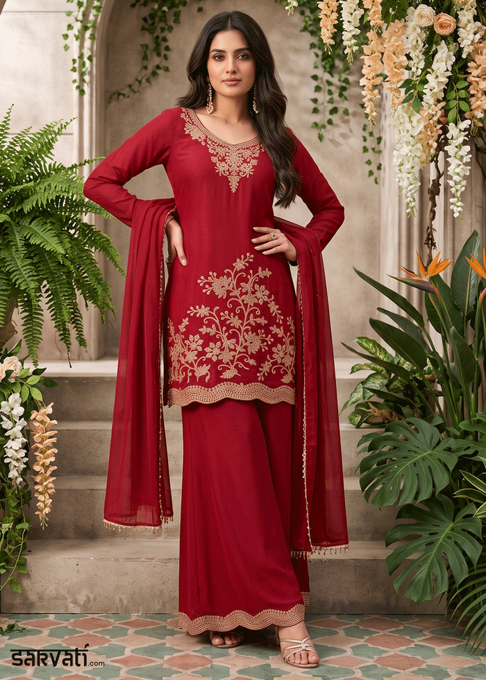 Scarlet Red Chinon Silk Palazzo Suit with Floral Bead Embroidery