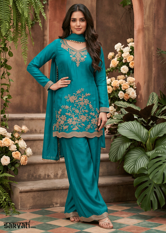 Pacific Blue Chinon Silk Palazzo Suit with Floral Bead Embroidery