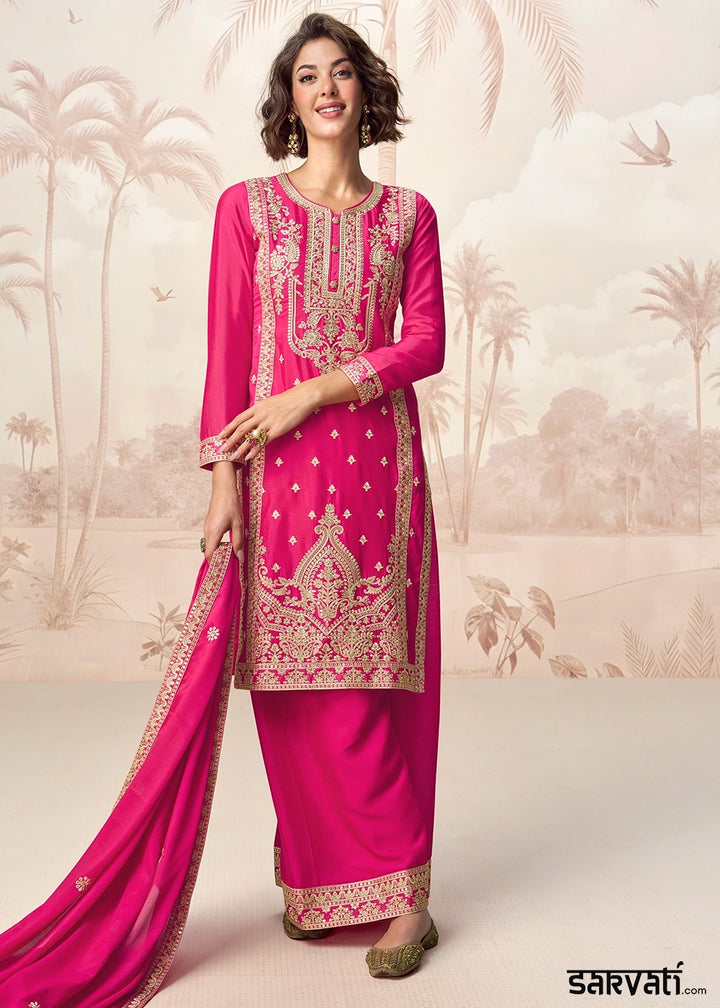 Hot Pink Chinon Silk Palazzo Suit with Designer Embroidery Work