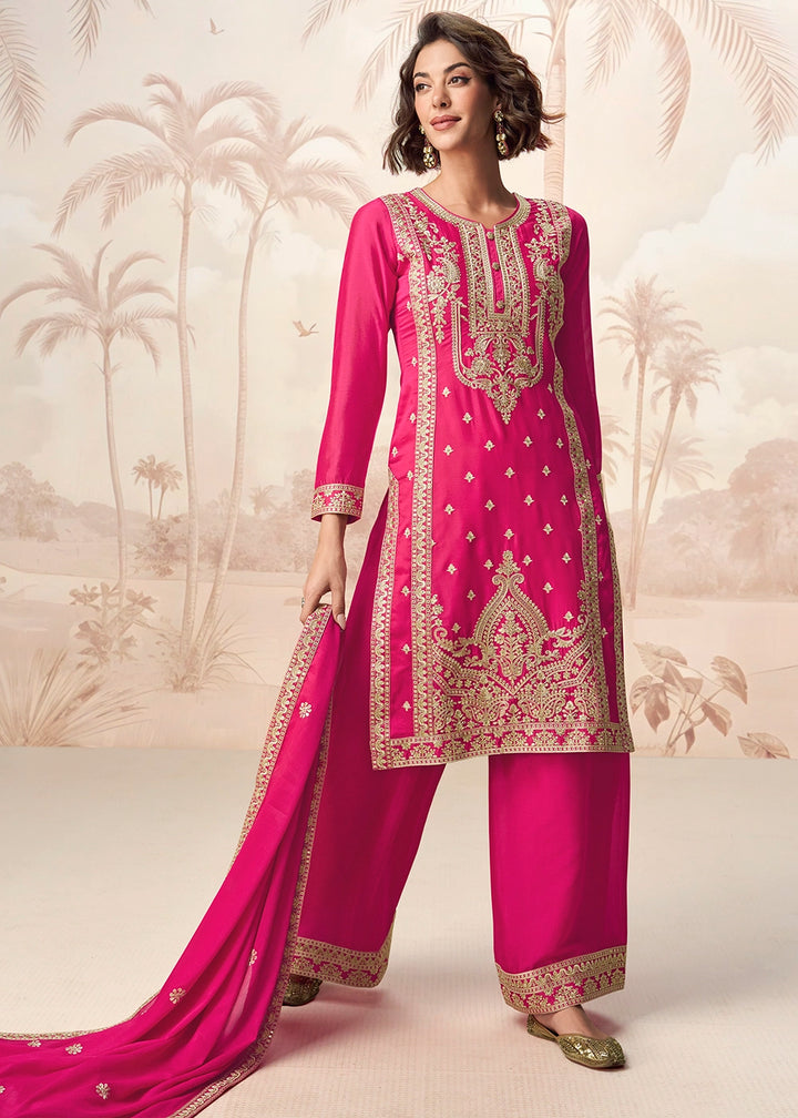 Hot Pink Chinon Silk Palazzo Suit with Designer Embroidery Work