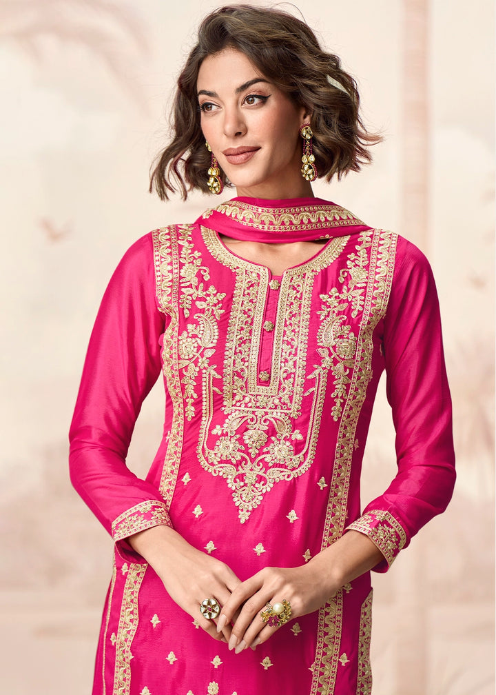 Hot Pink Chinon Silk Palazzo Suit with Designer Embroidery Work