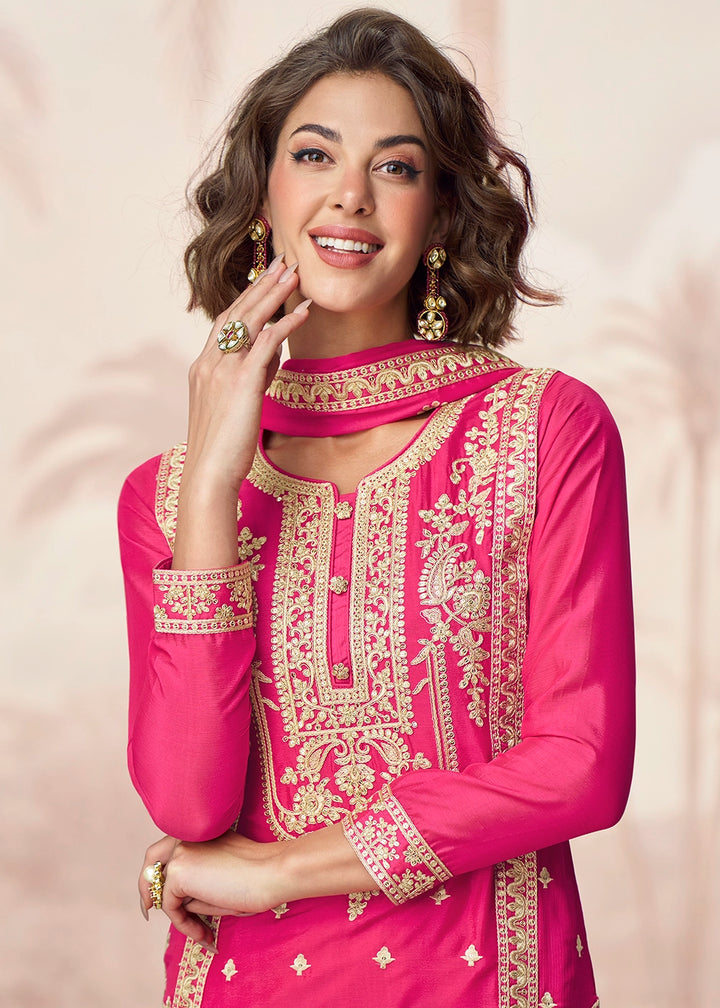 Hot Pink Chinon Silk Palazzo Suit with Designer Embroidery Work
