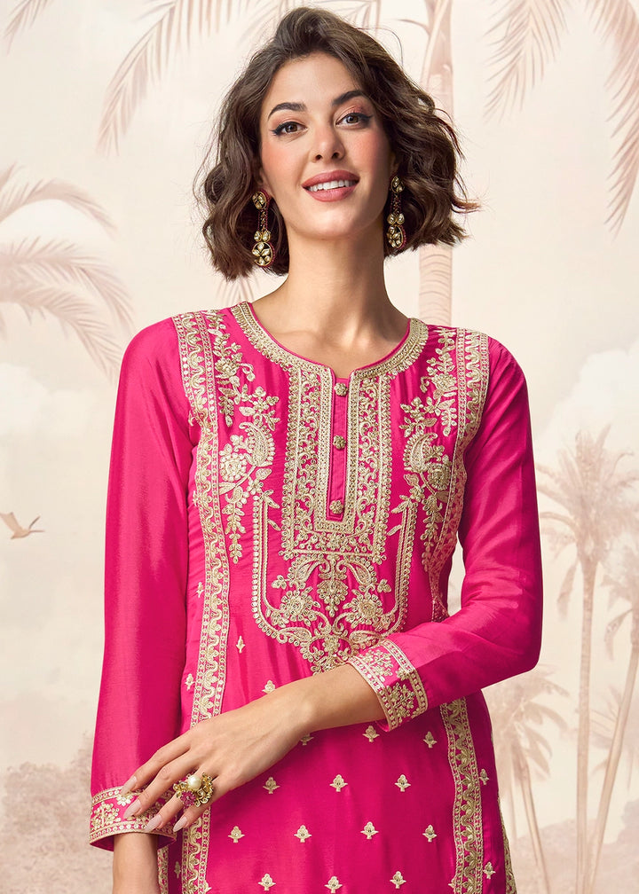 Hot Pink Chinon Silk Palazzo Suit with Designer Embroidery Work