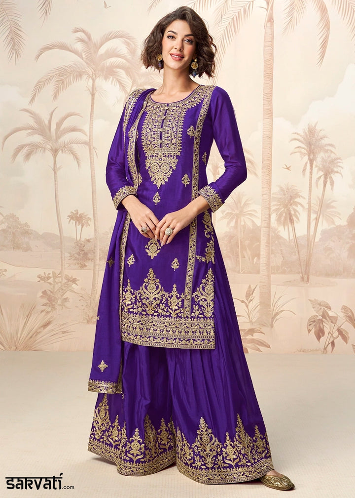 Indigo Purple Chinon Silk Palazzo Suit with Designer Embroidery Work