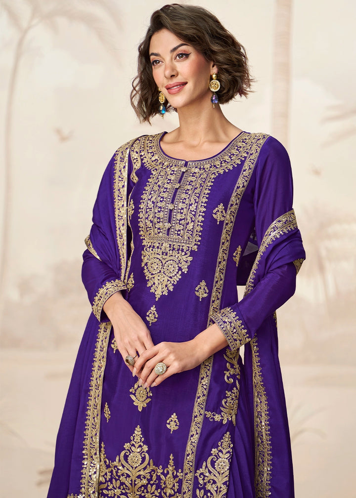 Indigo Purple Chinon Silk Palazzo Suit with Designer Embroidery Work