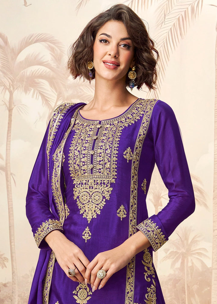 Indigo Purple Chinon Silk Palazzo Suit with Designer Embroidery Work