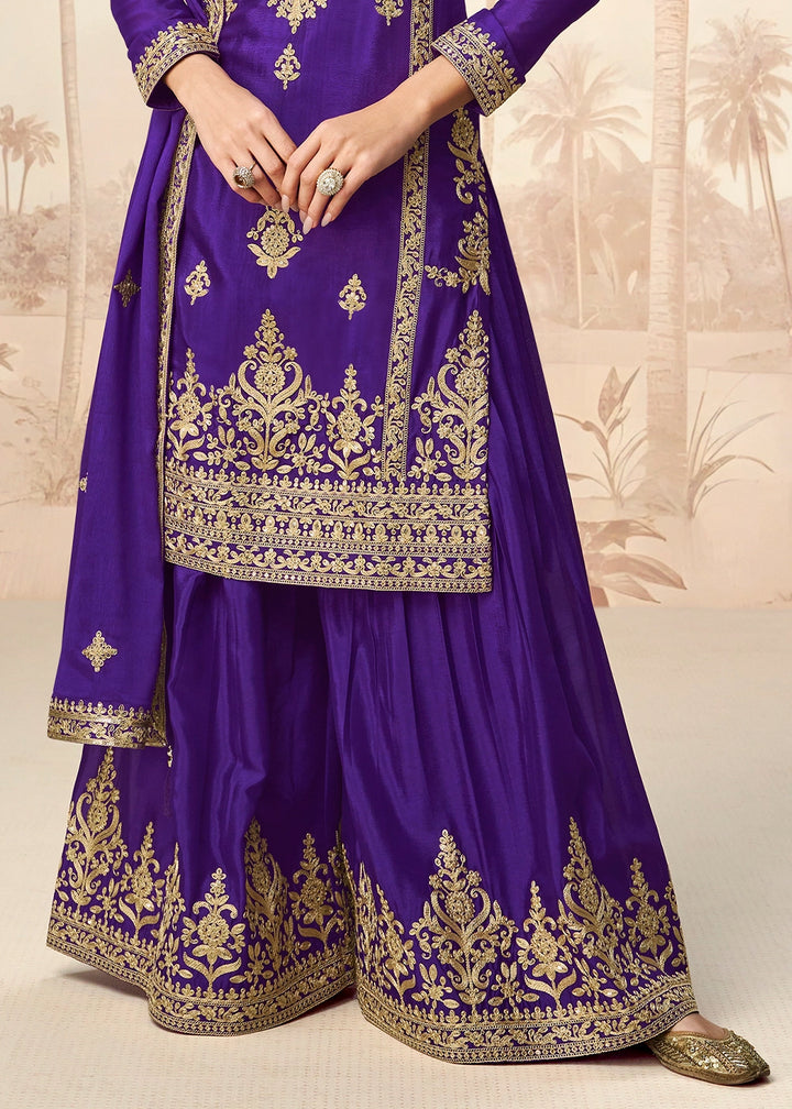 Indigo Purple Chinon Silk Palazzo Suit with Designer Embroidery Work