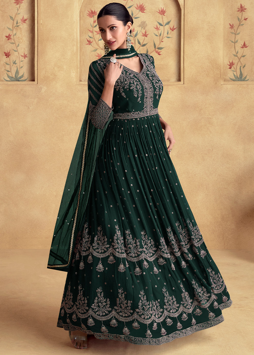 Sacramento Green Ethnic Anarkali Gown in Georgette with Detailed Embro House of Sarvatii LLC Sacramento Green Ethnic Anarkali Gown in Georgette with Detailed Embro House of Sarvatii LLC