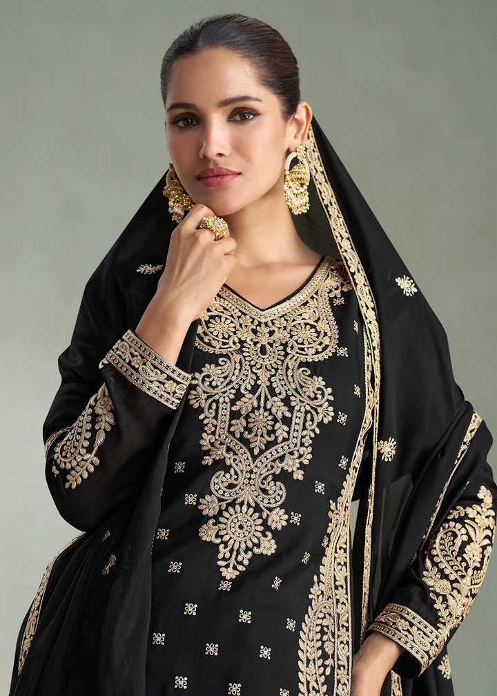 Pebble Black Embroidered Chinon Silk Palazzo Suit for Festive Wear